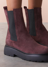 Burgundy suede boots with black elastic sides on a neutral background
