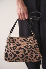 Leopard print beaded clutch bag with detachable leather strap