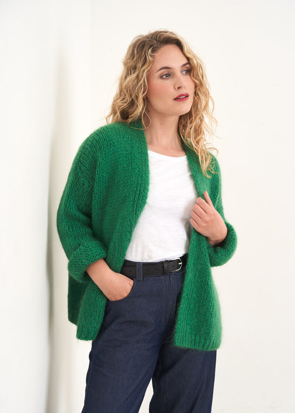 Bright green chunky knit cardigan