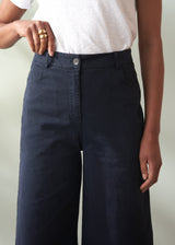 Person wearing navy wide leg trousers and a white top against a neutral background