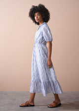 Blue white floral midi tea dress