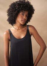 Black slimline satin dress with metallic straps