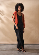 Black slimline satin dress with metallic straps