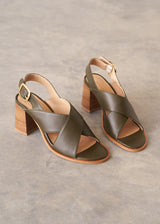 Khaki green leather sandal with wooden heel and buckle detail