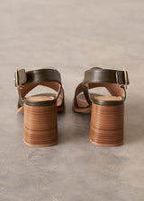 Khaki green leather sandal with wooden heel and buckle detail