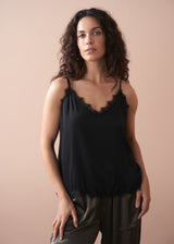 Black satin camisole with lace trim