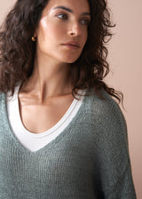 Woman wearing a green sweater over a white shirt against a beige background