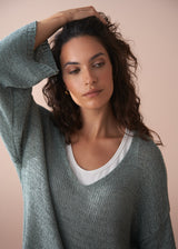 Woman wearing a green sweater over a white shirt against a beige background