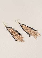 Gold and black beaded tassel statement earrings