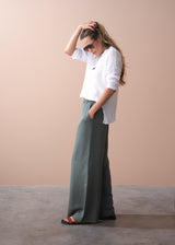 Full length wide leg dark sage trousers