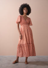 Terracotta block print style tiered midi dress
