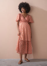 Terracotta block print style tiered midi dress