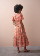 Terracotta block print style tiered midi dress