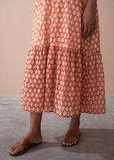 Terracotta block print style tiered midi dress