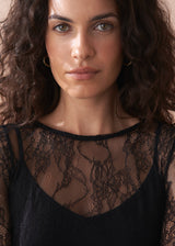 Woman wearing a black lace top against a neutral background