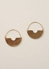 Pair of gold hoop earrings with half-circle design on a light beige background