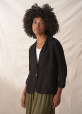 Black linen blazer with metal buttons