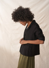 Black linen blazer with metal buttons