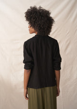 Black linen blazer with metal buttons