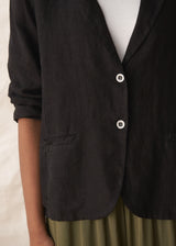 Black linen blazer with metal buttons