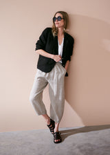 Black linen blazer with metal buttons