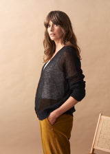 Woman wearing a dark blue sheer cardigan over a white top and mustard yellow pants against a beige background.