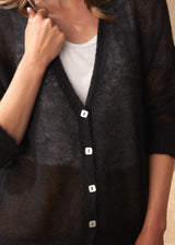 Person wearing a dark gray cardigan with white buttons over a white shirt.