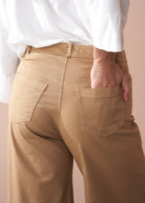 Person wearing beige wide leg trousers and a white shirt against a beige background