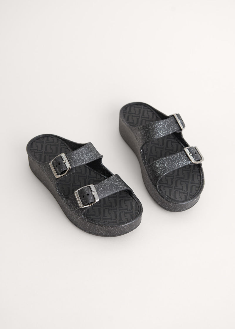 Black glitter slide sandals