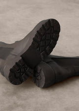 Close-up of black rubber boots with tread pattern on a beige surface