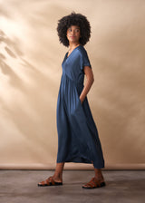 Dark blue satin dress with pockets