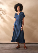 Dark blue satin dress with pockets