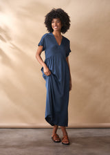 Dark blue satin dress with pockets