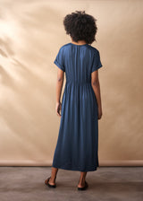 Dark blue satin dress with pockets