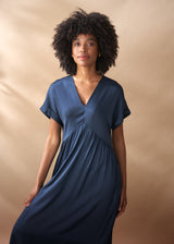 Dark blue satin dress with pockets