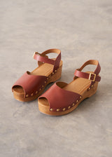 Pair of brown leather sandals with wooden soles on a gray background
