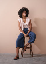 POPPY WIDE LEG CROPPED LINEN TROUSER - NAVY