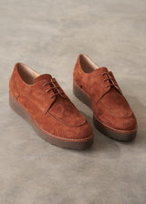A pair of brown suede lace-up shoes with thick brown platform soles, displayed on a textured gray concrete surface.