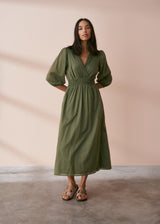 Khaki green cotton layered midi sun dress