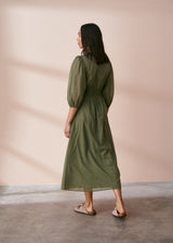 Khaki green cotton layered midi sun dress