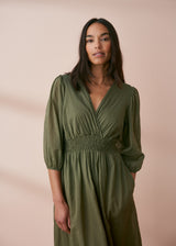 Khaki green cotton layered midi sun dress