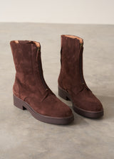 Brown suede zip front ankle boots