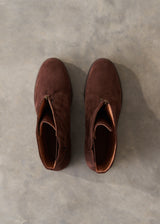 Brown suede zip front ankle boots