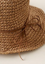 Close up of bow detail on a floppy straw hat against a beige background