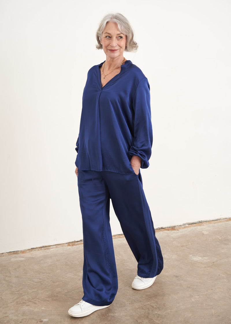 Blue satin trousers