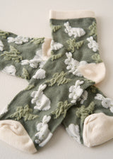 Green socks with cream bunny print
