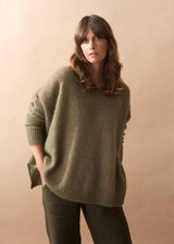 Woman wearing a khaki green wool blend sweater against a beige background