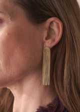 Close up of gold chain tassel earrings on model