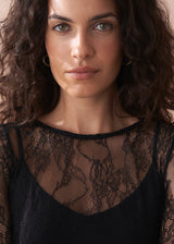 Close up of woman wearing a black lace top against a neutral background