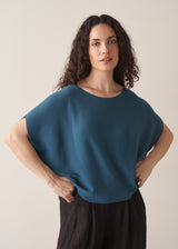 Woman wearing bright blue sleeveless knitted sweater